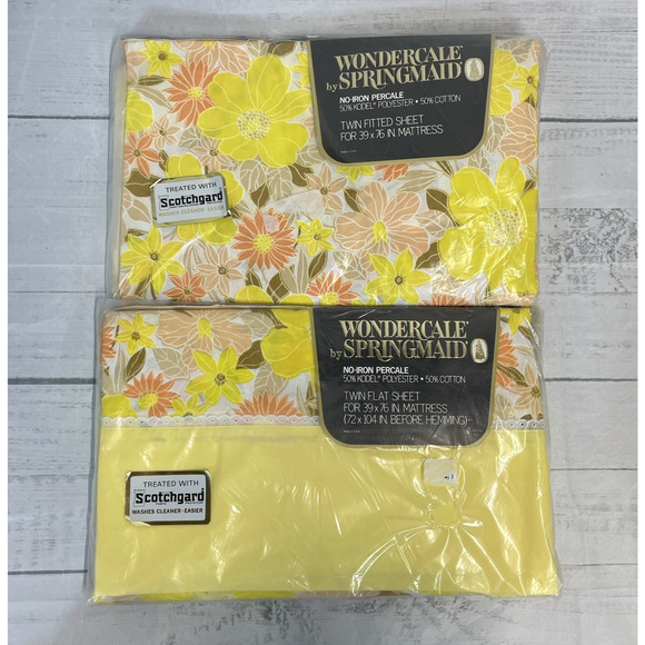 Vintage Wondercale Springmaid 2pc Sheet Set French Flowers Yellow Flat Fitted - Picture 1 of 14